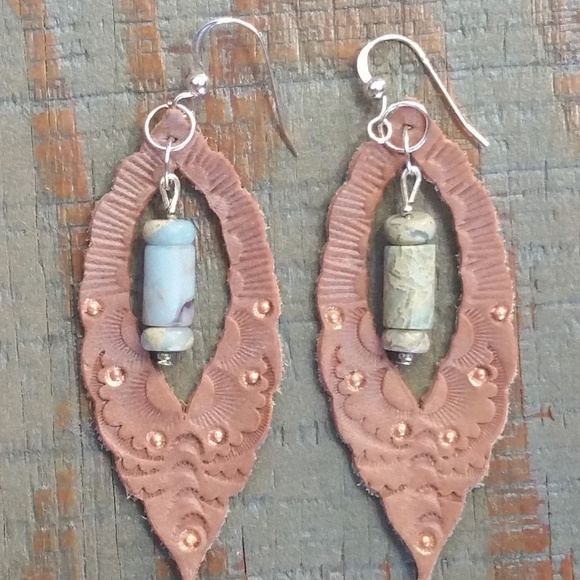Genuine Handtooled Leather Earrings with Gemstones - Picture 2 of 4